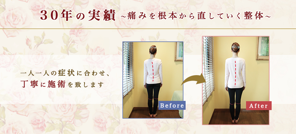 ３０年の実績　～痛みを根本から治していく整体～　一人一人の症状に合わせ、丁寧に施術を致します